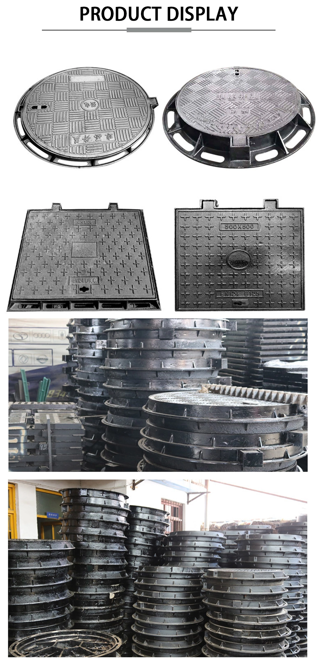 OEM En124 A15 B125 C250 Class D400 E600 F900 Round/Square Epoxy Coating Ductile Cast Iron Manhole Cover with Frame